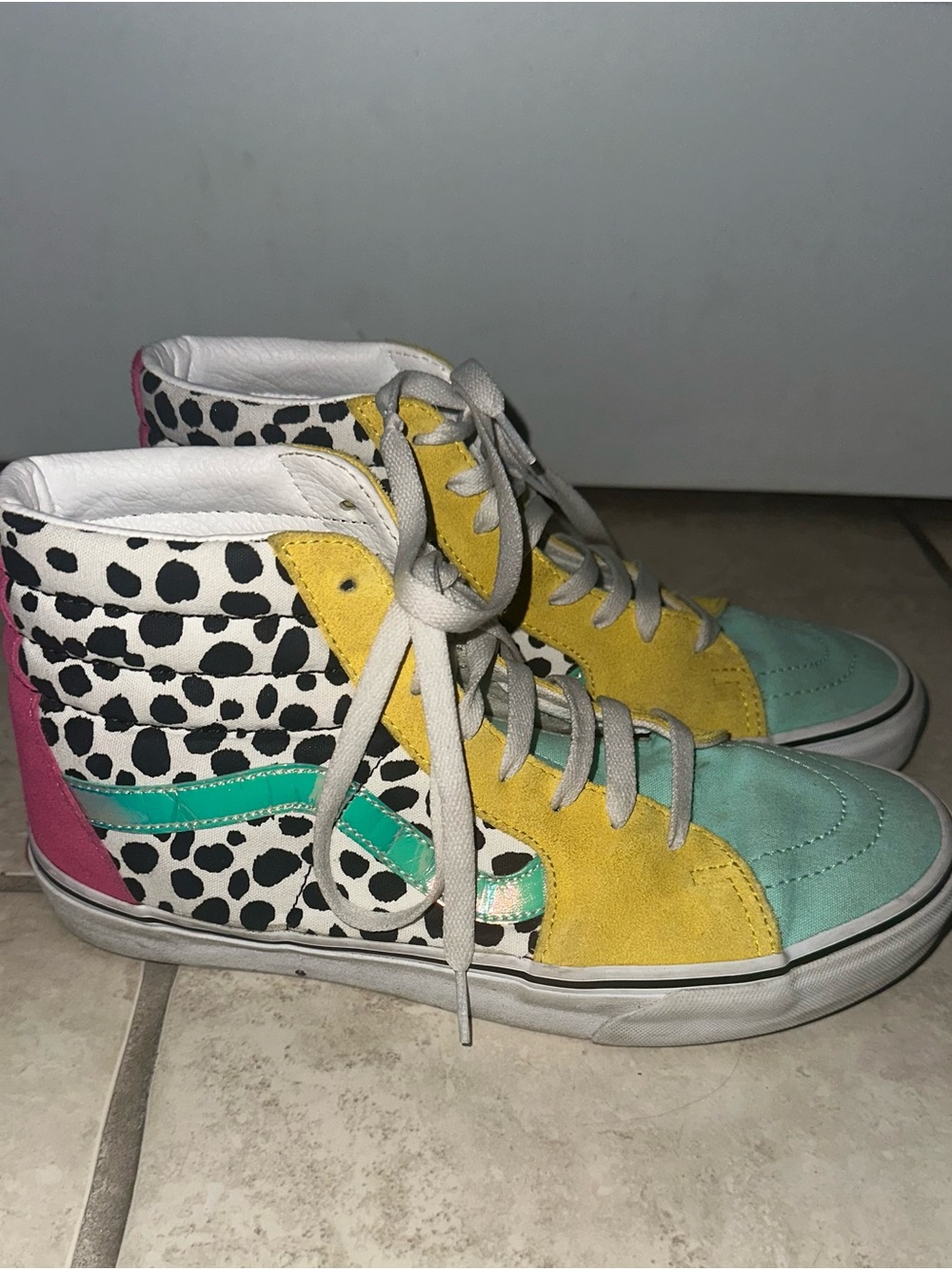 Vans Kids High-Top Sneakers in Yellow, Teal, Pink & Black/White Spot Sz 10.5WM